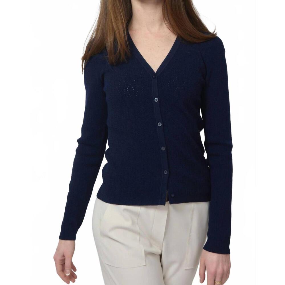 NEW KINROSS pointelle button front vee cardigan in navy